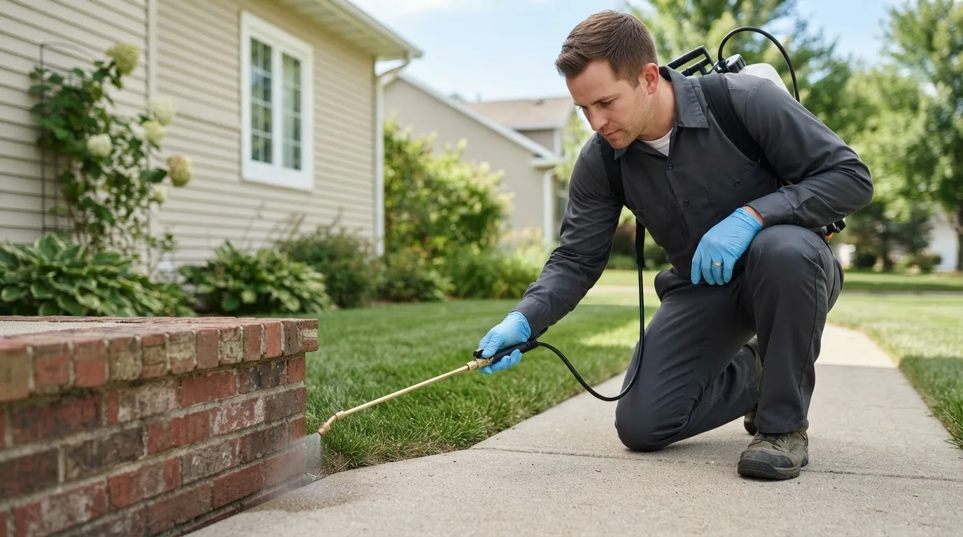 Pest control technician treating a home near Riverside, CA